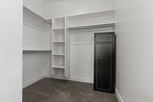 Walk in closet with dark colored carpet