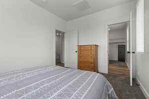 Bedroom with a walk in closet and dark carpet