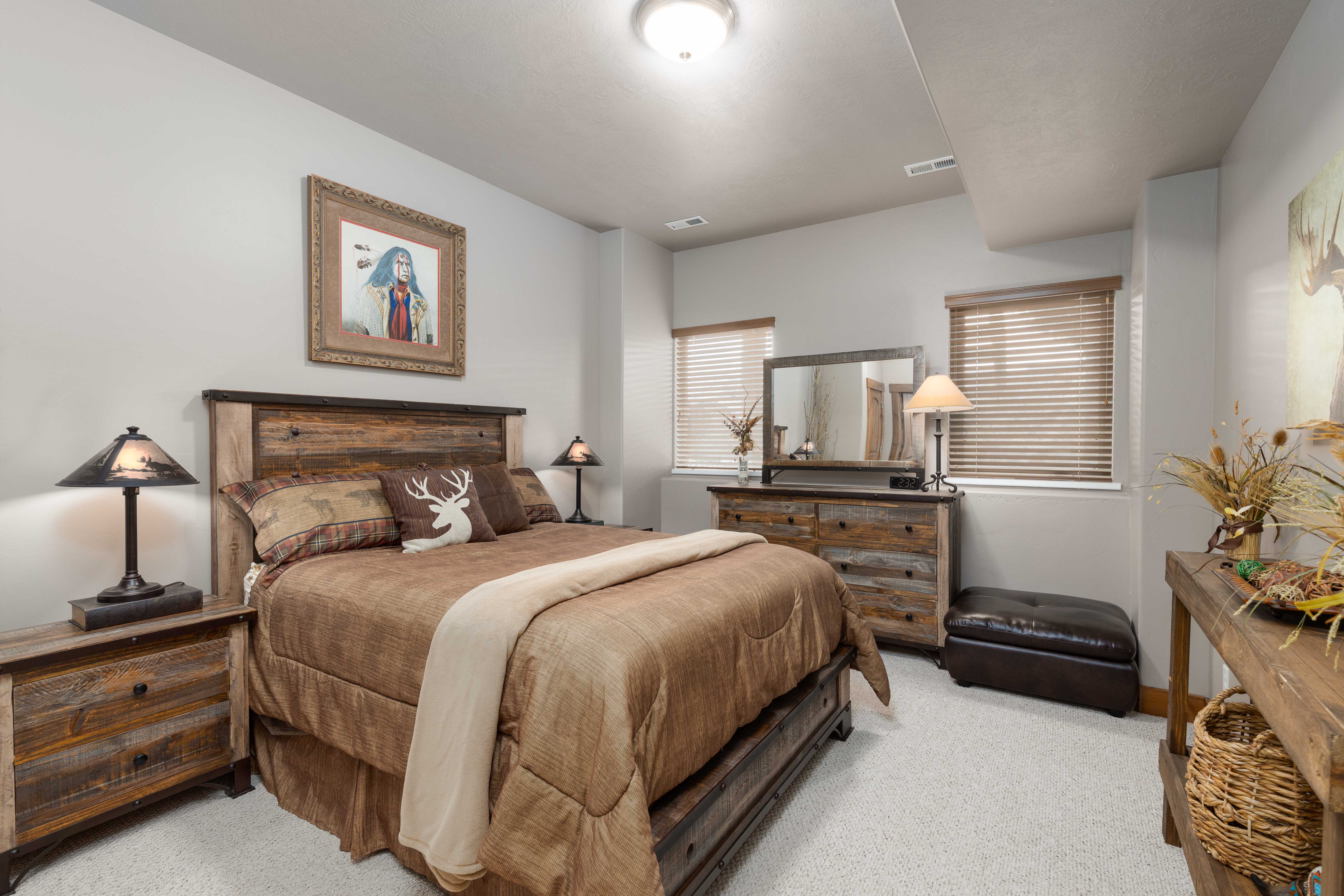 Bedroom with light colored carpet