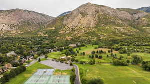 Bird's eye view of mountains and a local golf course