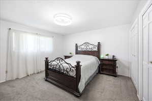 Primary bedroom with light colored carpet