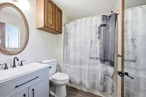 Primary bathroom featuring vanity, dark wood-type flooring