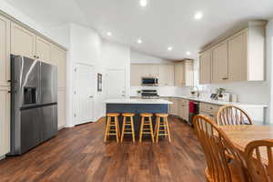Kitchen with stainless steel appliances, vaulted ceiling, a center island, dark wood finished floors, and recessed lighting