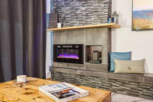 Detailed view of a glass covered fireplace