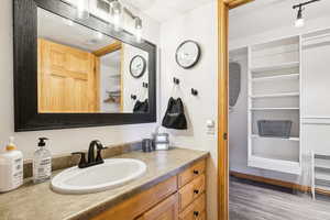 Bathroom with vanity, wood finished floors, and a closet