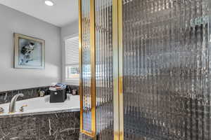 Primary ensuite bathroom with a marble shower stall and a garden tub