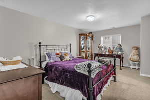 Bedroom featuring light colored carpet and a textured ceiling