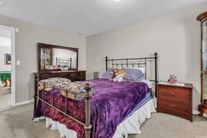 Bedroom featuring neutral colors and a textured ceiling
