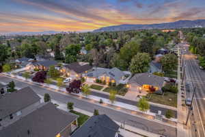 Aerial view at dusk of the property on a private lane