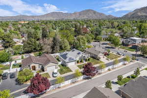 Aerial perspective of suburban area featuring a mountainous background