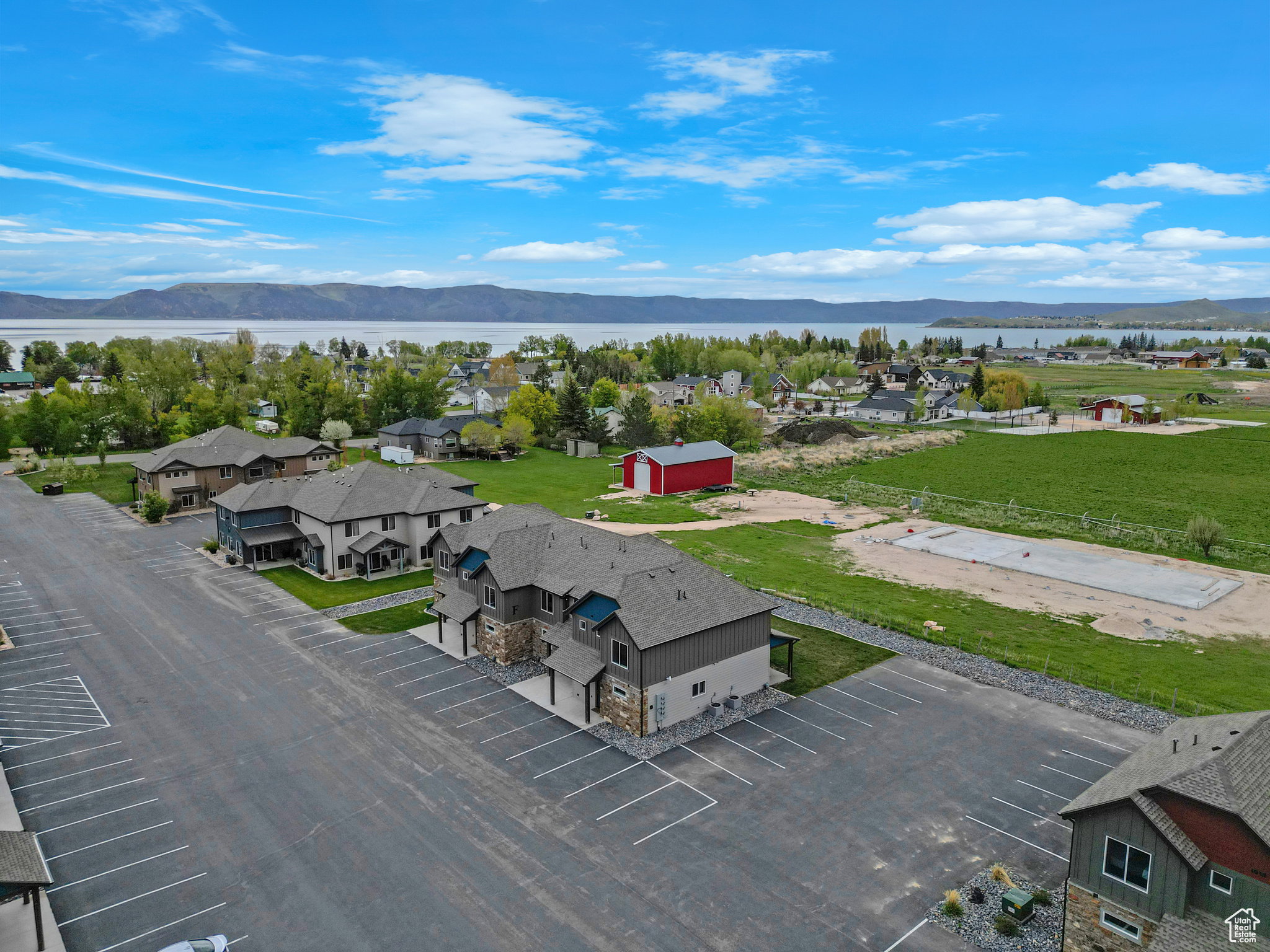 Aerial view of residential area with mountains
