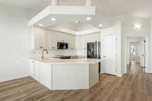 Kitchen with light countertops, a peninsula, light wood-type flooring, stainless steel appliances, and a tray ceiling