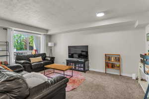 Carpeted living room with a textured ceiling