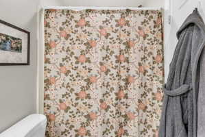 Full bathroom featuring a shower with shower curtain and toilet