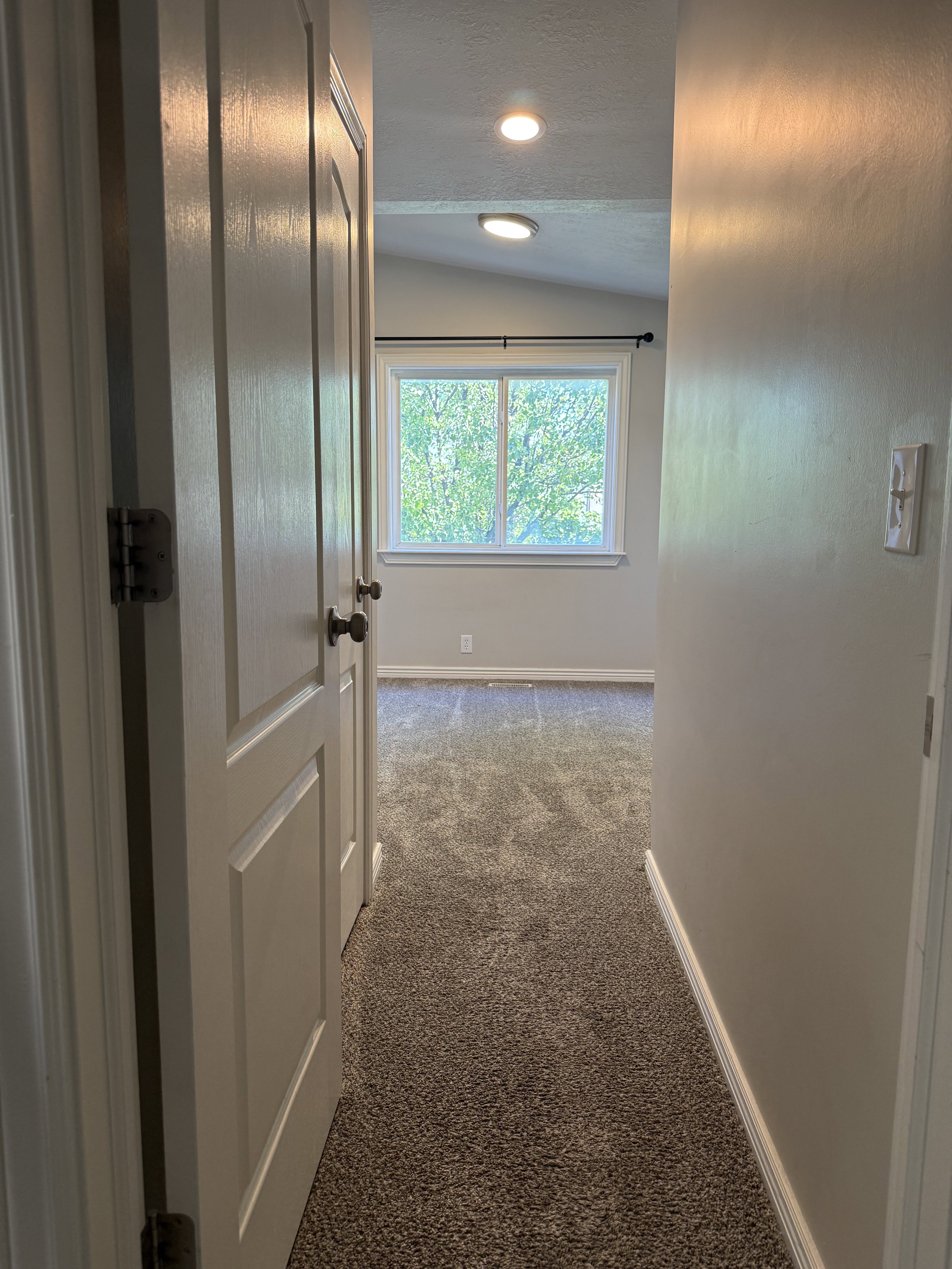 Carpeted hallway featuring a window with exterior tree scenery, white trim, and a vaulted ceiling with recessed and flush-mount lighting