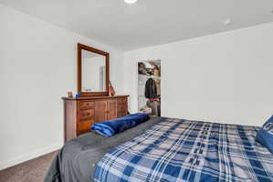 Carpeted bedroom with a spacious closet and baseboards