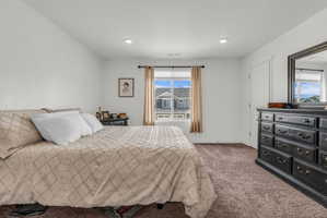 Carpeted bedroom with recessed lighting