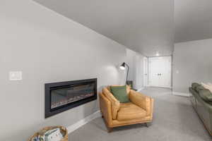 Sitting room featuring a glass covered fireplace and carpet flooring