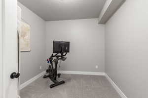 Workout area featuring light colored carpet and baseboards