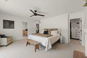 Bedroom featuring a spacious closet, ornamental molding, light carpet, and ceiling fan