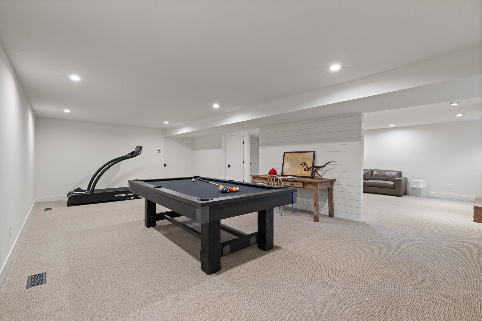 Rec room featuring light colored carpet, pool table, and recessed lighting