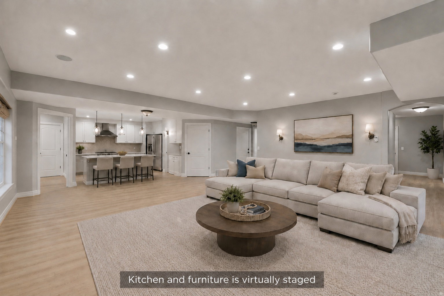 Open-concept living space featuring wood-finish flooring and recessed lighting