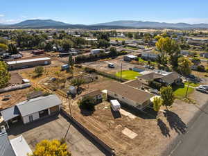 Aerial view of residential area featuring a mountain backdrop