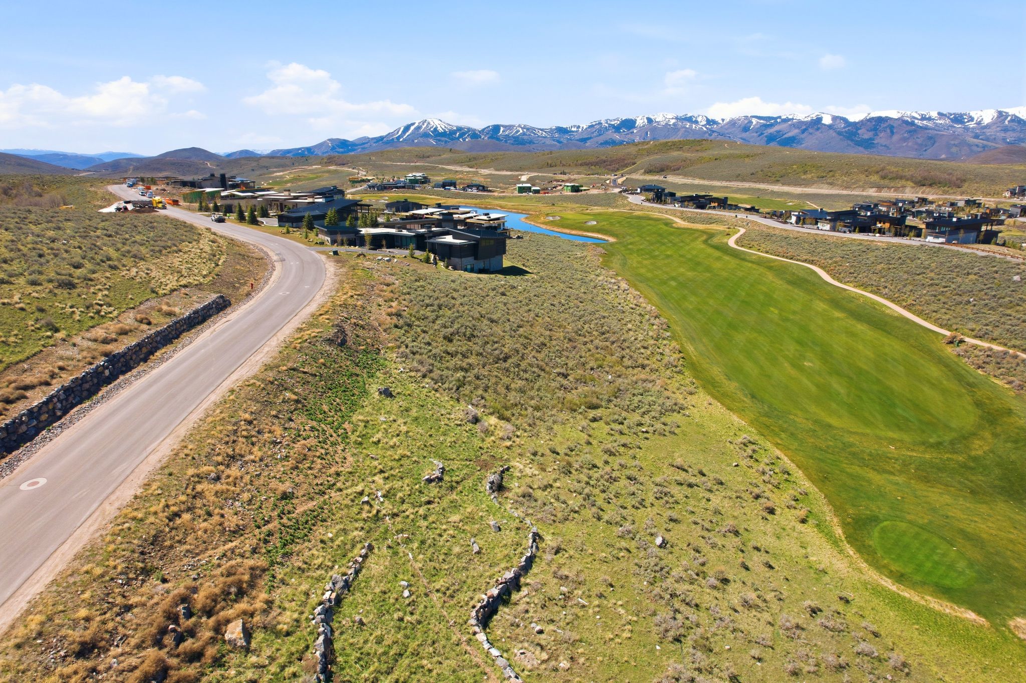 Aerial view of residential area with mountains