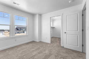 Unfurnished bedroom with a walk in closet and light colored carpet