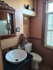 Half bath with a wainscoted wall, vanity, and wood walls