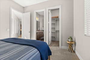 Bedroom with a walk in closet and light colored carpet