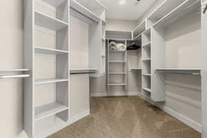 Walk in closet with light colored carpet