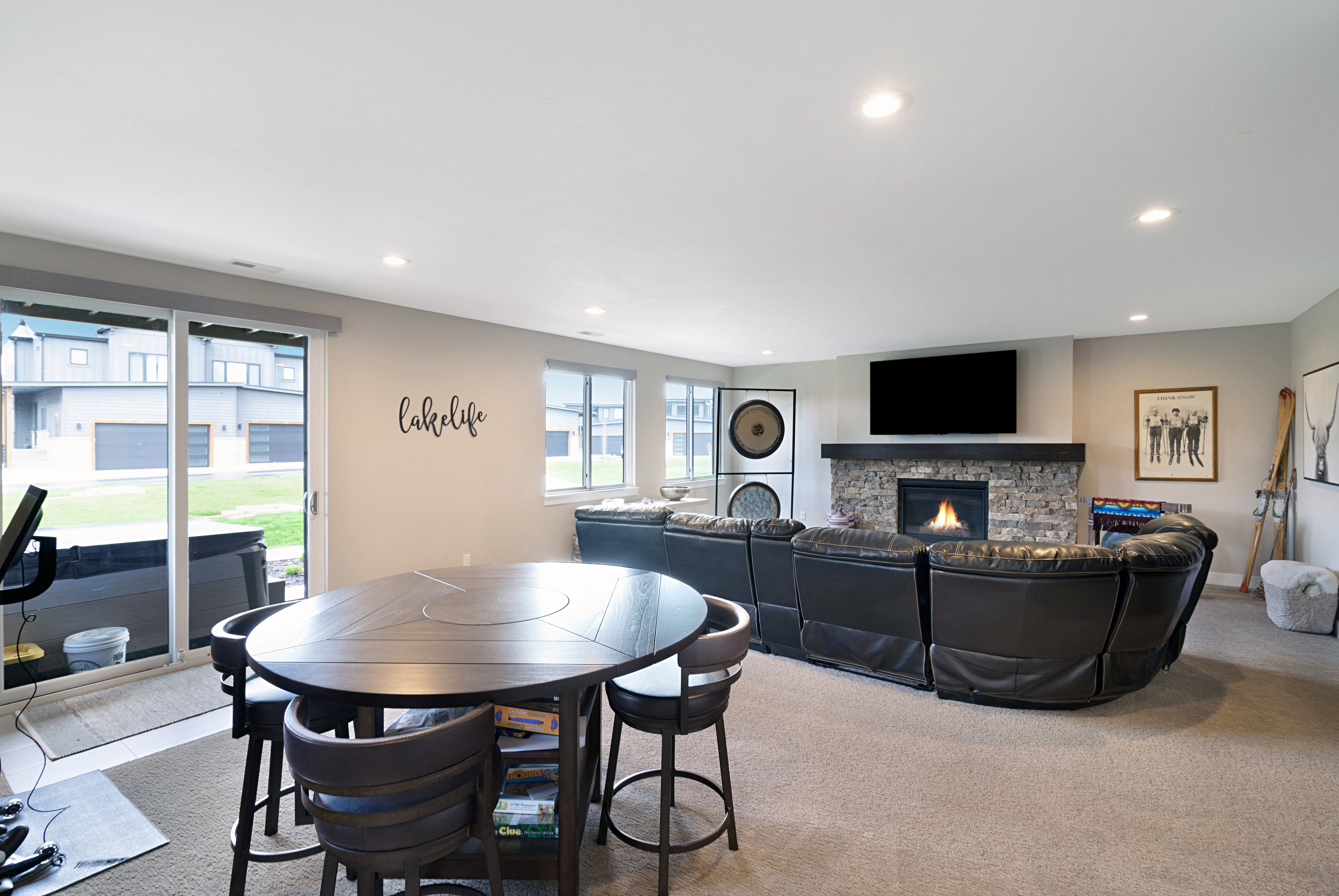 Cozy Rock Fireplace, Dining/Gaming Area