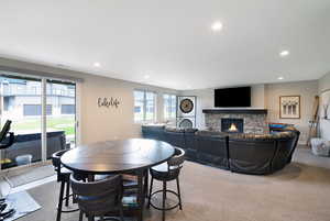 Cozy Rock Fireplace, Dining/Gaming Area