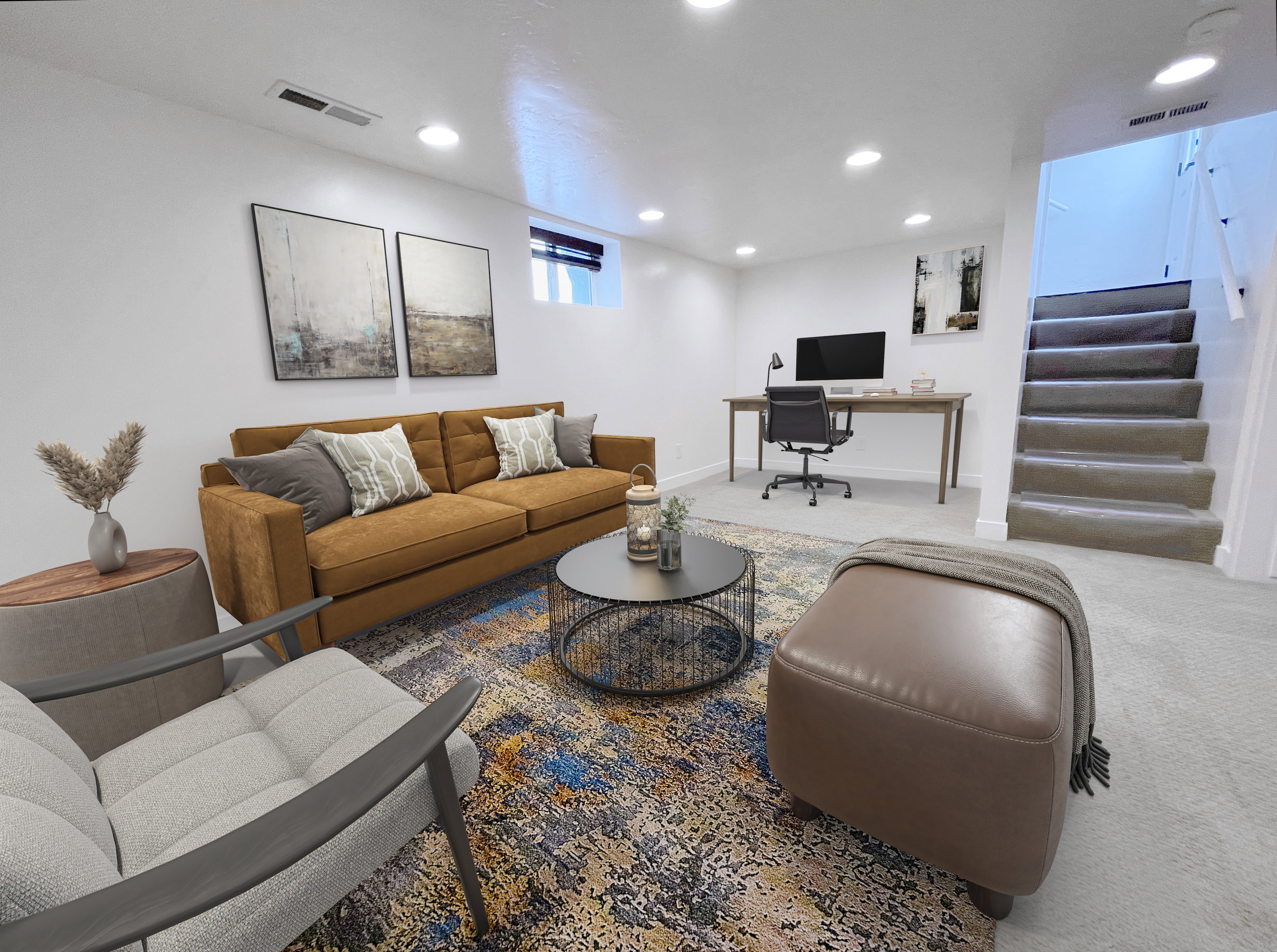 Carpeted living area featuring an office area and recessed lighting