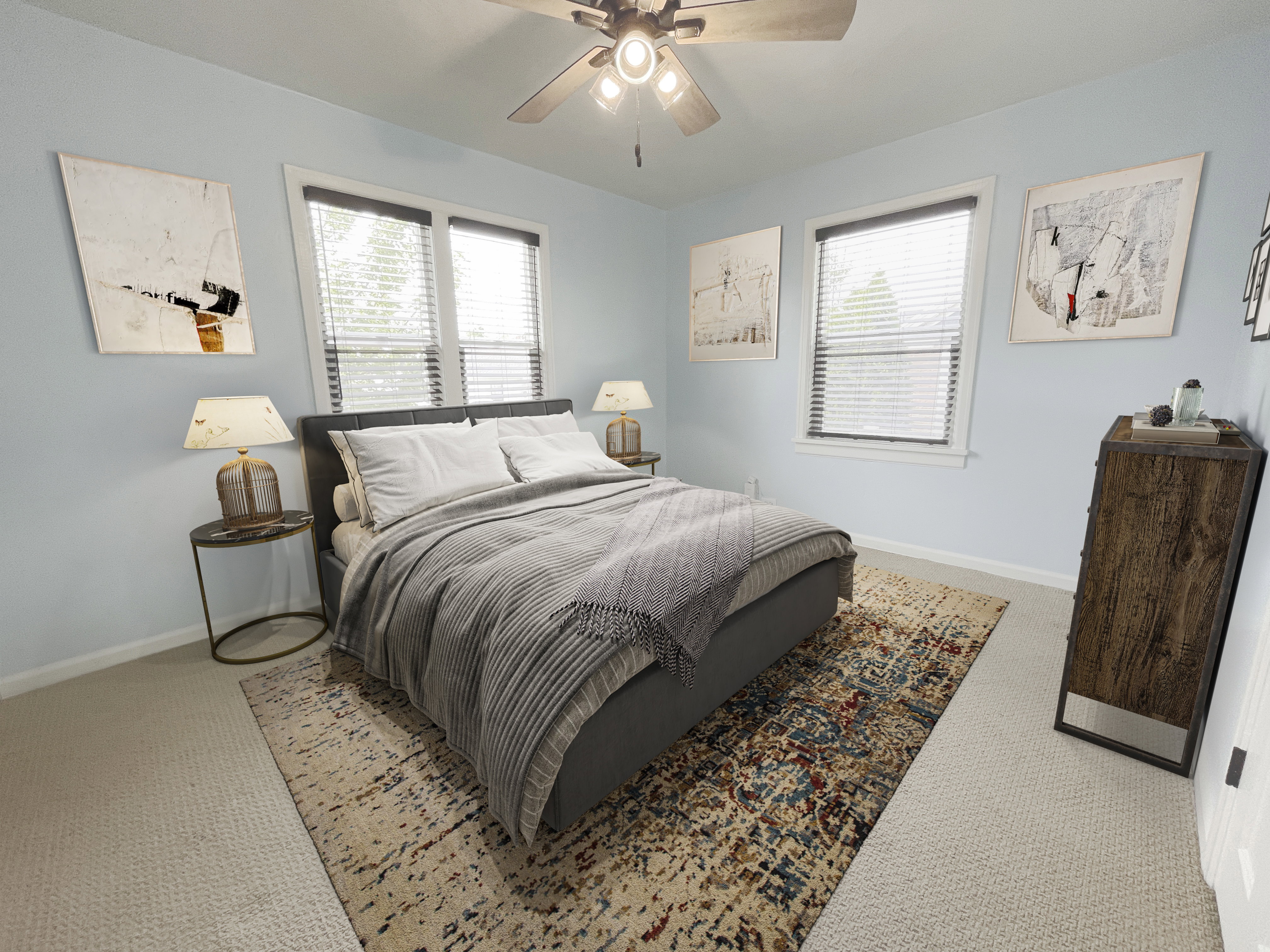 Bedroom with light carpet and a ceiling fan