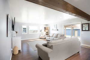 Living area featuring dark wood finished floors and recessed lighting