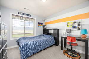 Bedroom featuring a mountain view and light colored carpet