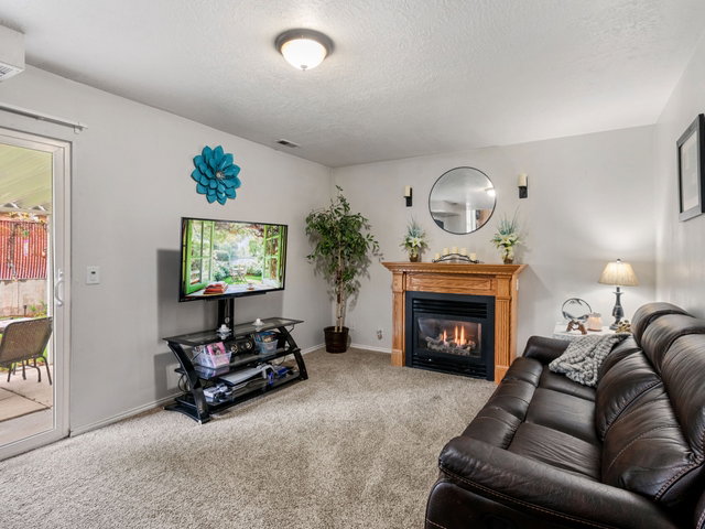 Living room with a glass covered fireplace, carpet flooring, and a textured ceiling