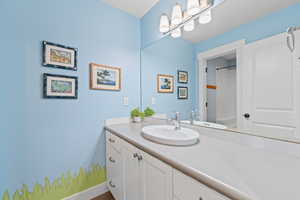 Full bath featuring vanity and a shower