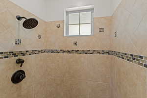 Bathroom view of a tile shower