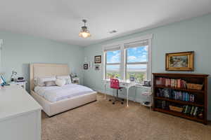 Bedroom featuring light colored carpet and baseboards