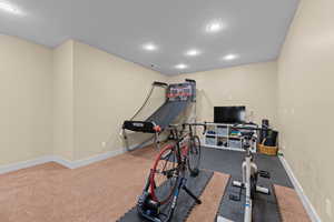 Exercise area with dark carpet and recessed lighting