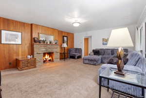 Carpeted living area with a stone fireplace and wood walls