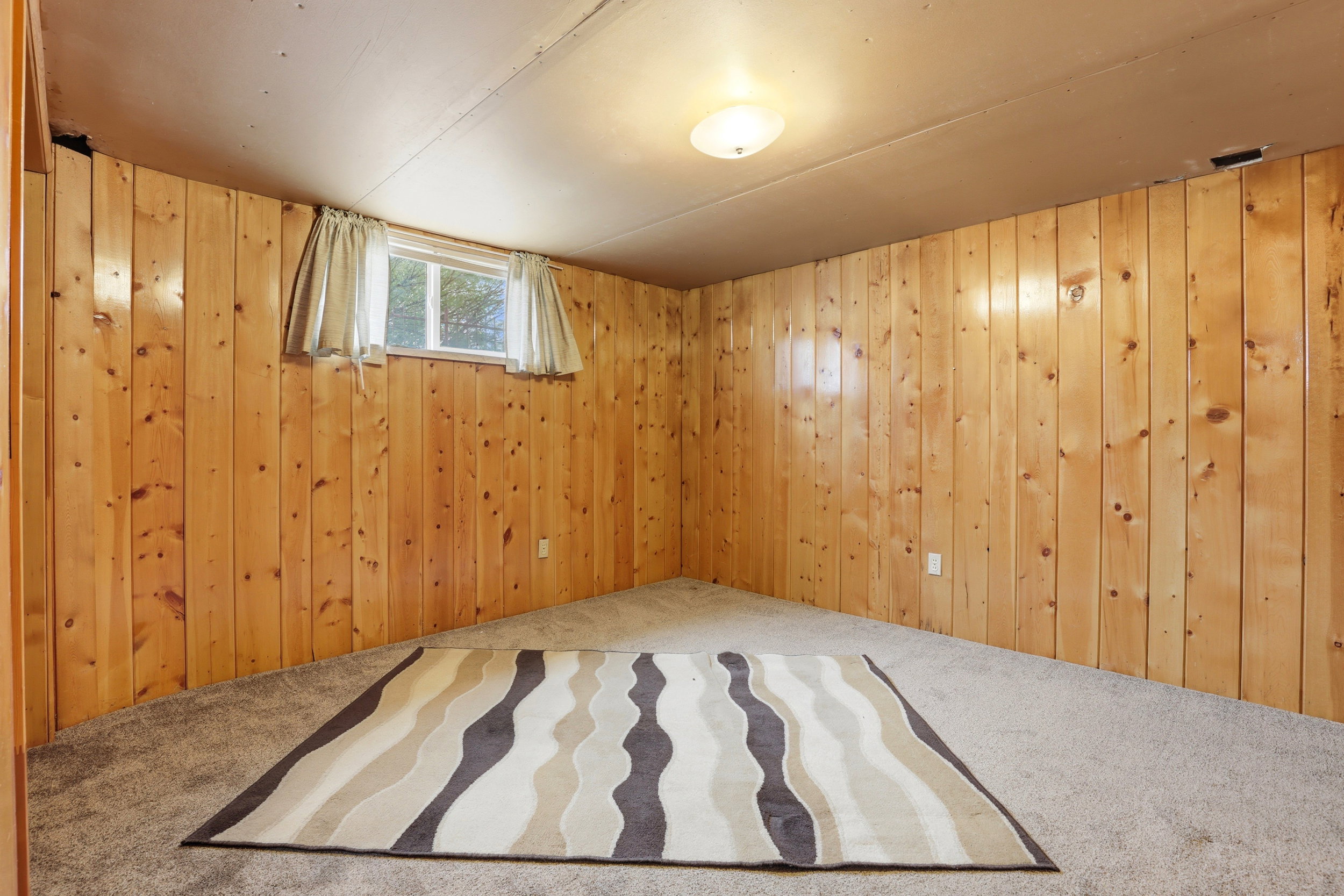 Carpeted spare room featuring wooden walls