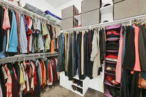 Primary walk in closet featuring carpet floors