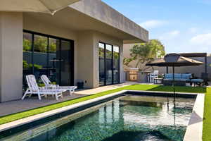 Swimming pool with a patio and an outdoor kitchen and area to lounge