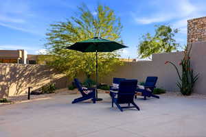 Fenced backyard with a patio