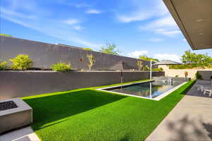 Fenced backyard featuring a patio and a fire pit