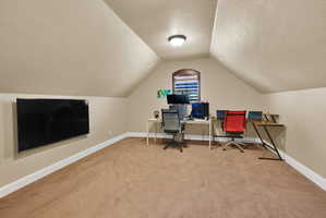 Office space with light colored carpet and a textured ceiling